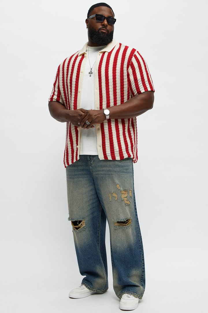 Clark Striped Knit Button Up Shirt - Red/combo