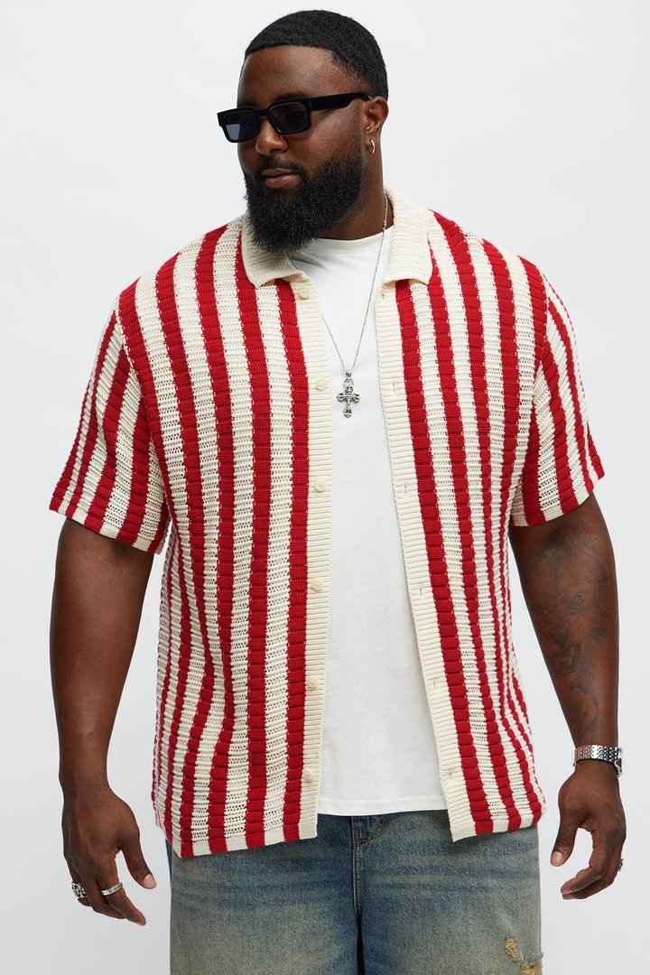 Clark Striped Knit Button Up Shirt - Red/combo