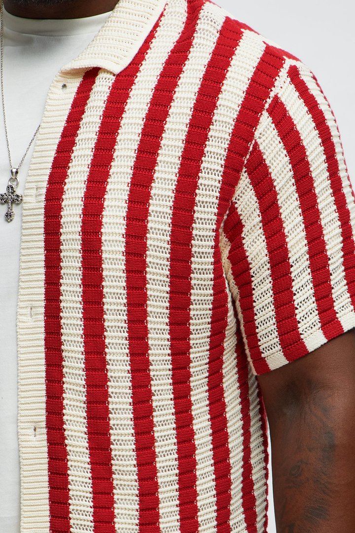 Clark Striped Knit Button Up Shirt - Red/combo