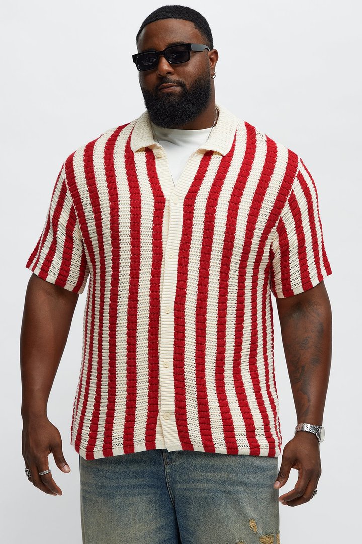 Clark Striped Knit Button Up Shirt - Red/combo