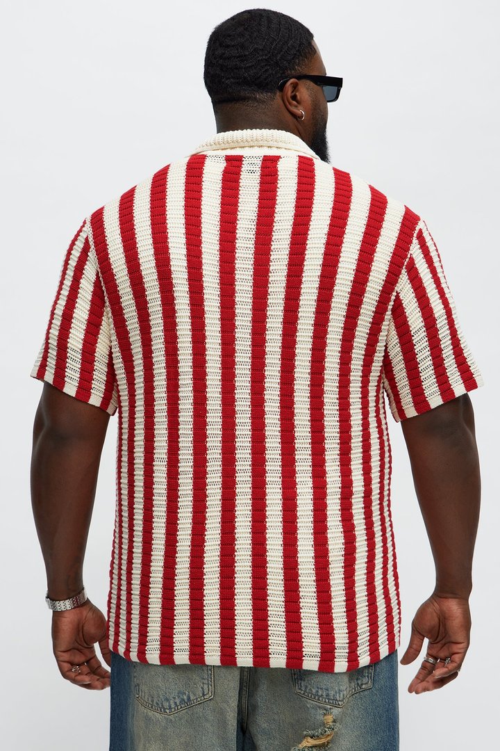 Clark Striped Knit Button Up Shirt - Red/combo