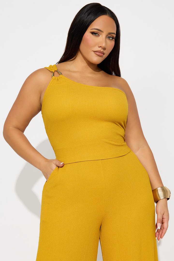 Tall Gloria Textured One Shoulder Pant Set - Mustard
