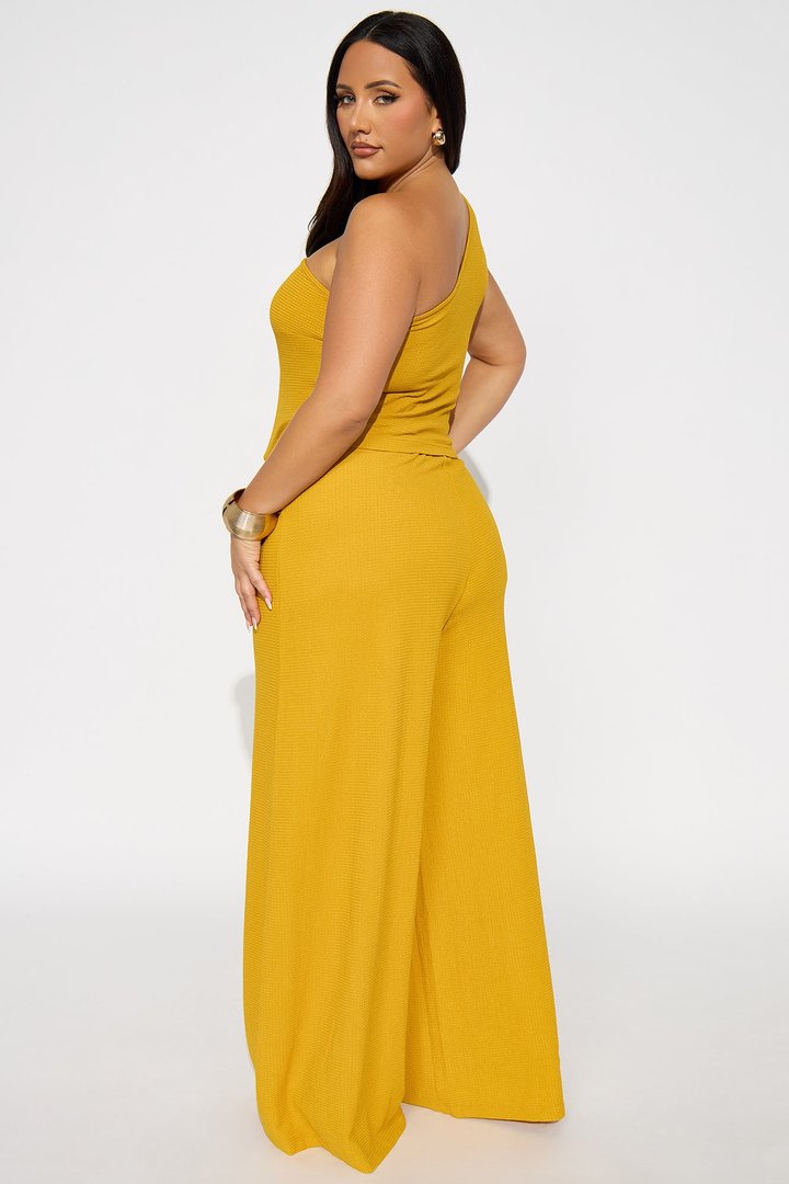 Tall Gloria Textured One Shoulder Pant Set - Mustard