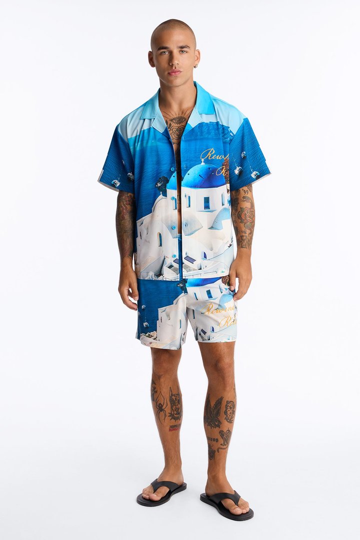 Relaxed Cerulean Horizons Photo Real Cuban Collar Shirt - Blue/combo