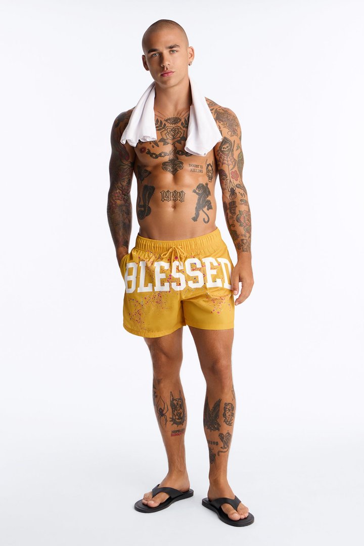 Relaxed Blessed Summer Drip Swim Trunk 4″ - Yellow/combo