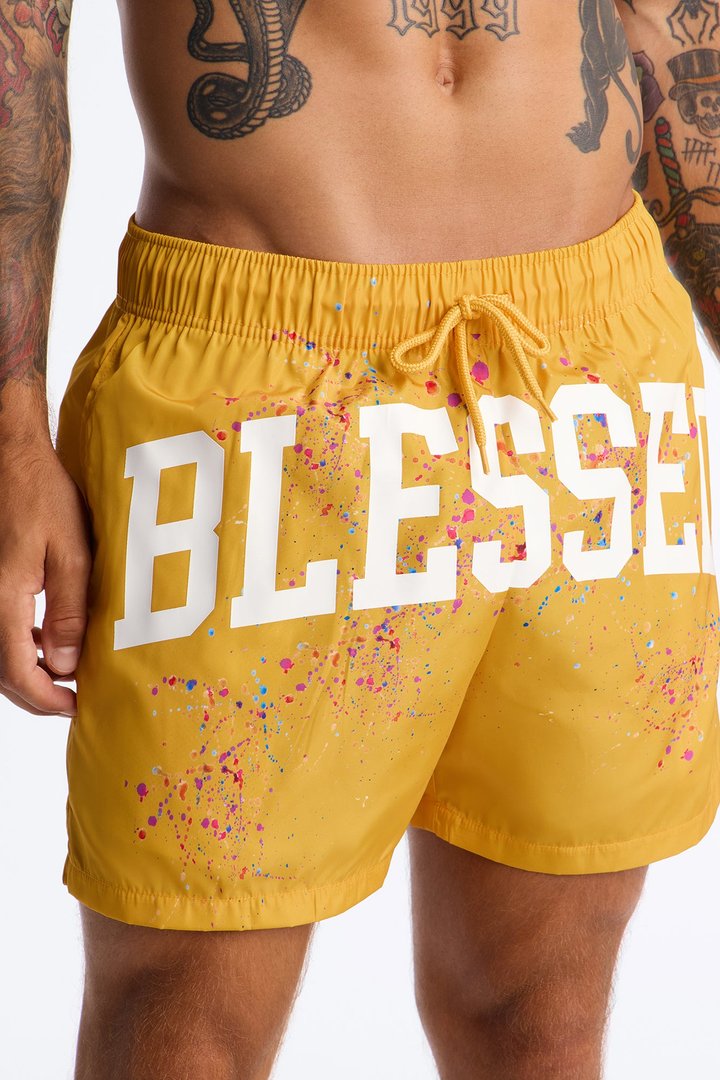 Relaxed Blessed Summer Drip Swim Trunk 4″ - Yellow/combo