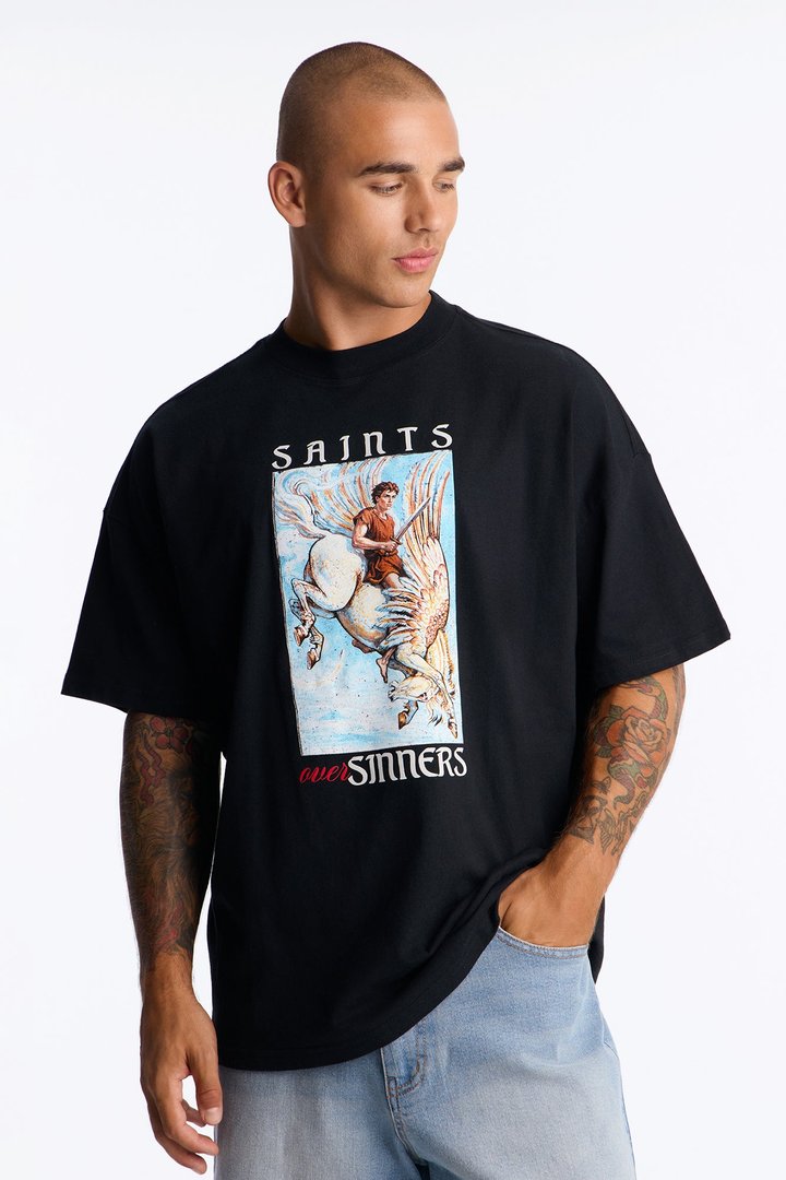 Saints Fly Over Sinners Oversized Short Sleeve Tee - Black
