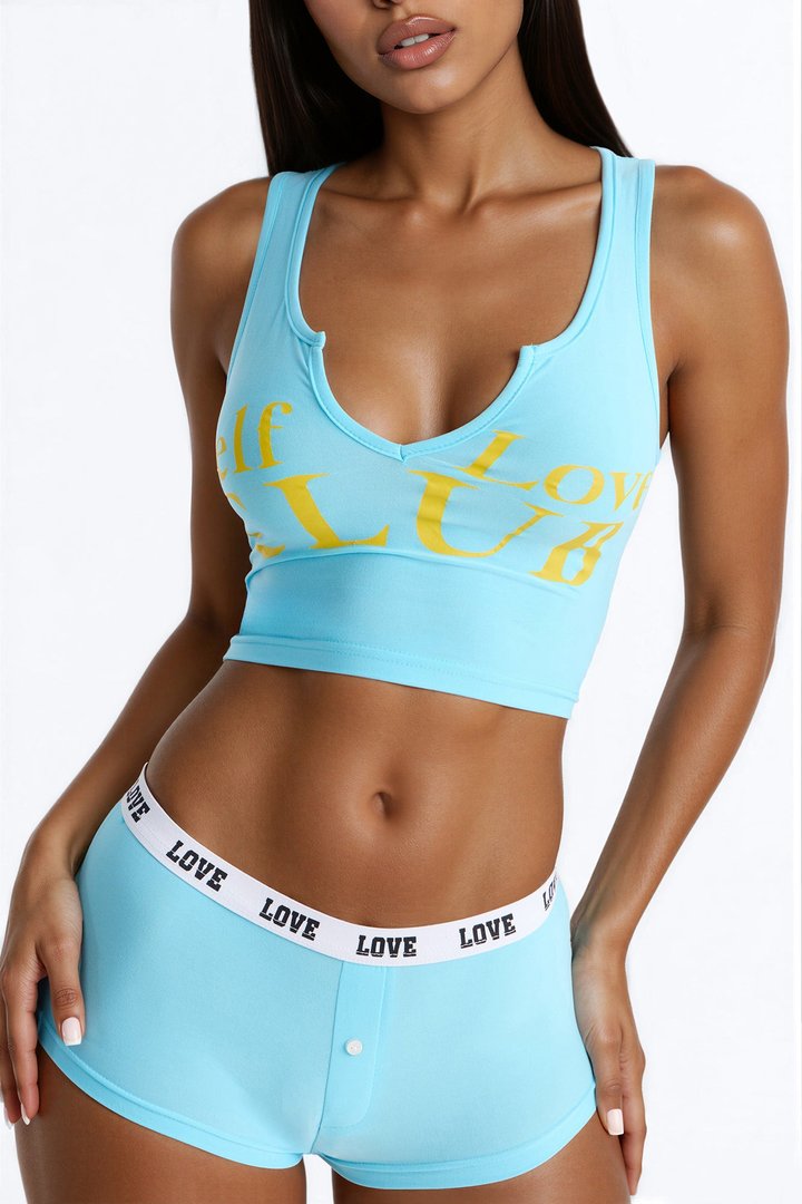Self Love Club Tank Top PJ Short Set - Blue/combo