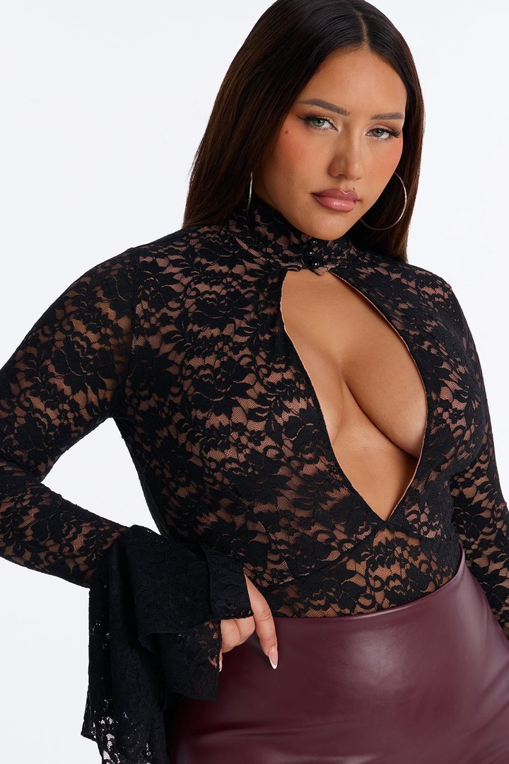 Katherine Cut Out Lace Bell Sleeve Bodysuit - Black