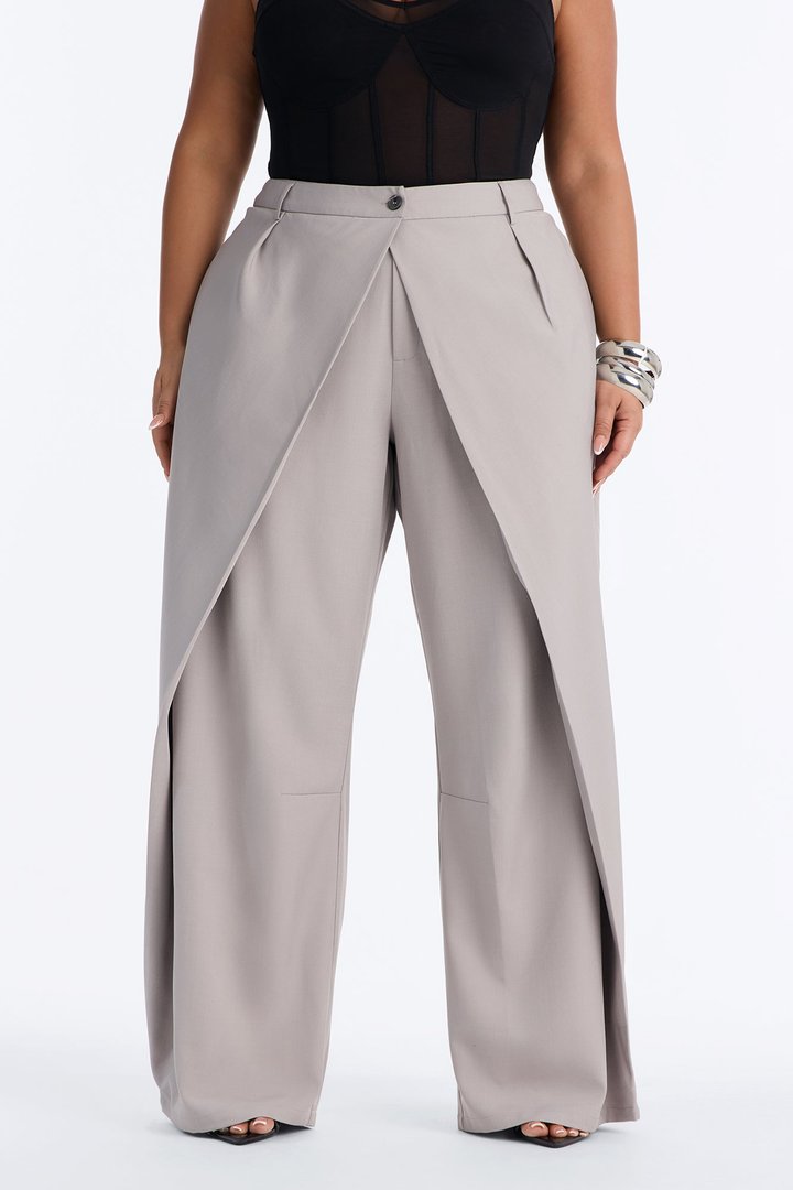 Margaret Solid Wide Leg Front Wrap Trouser Pant - Light Grey