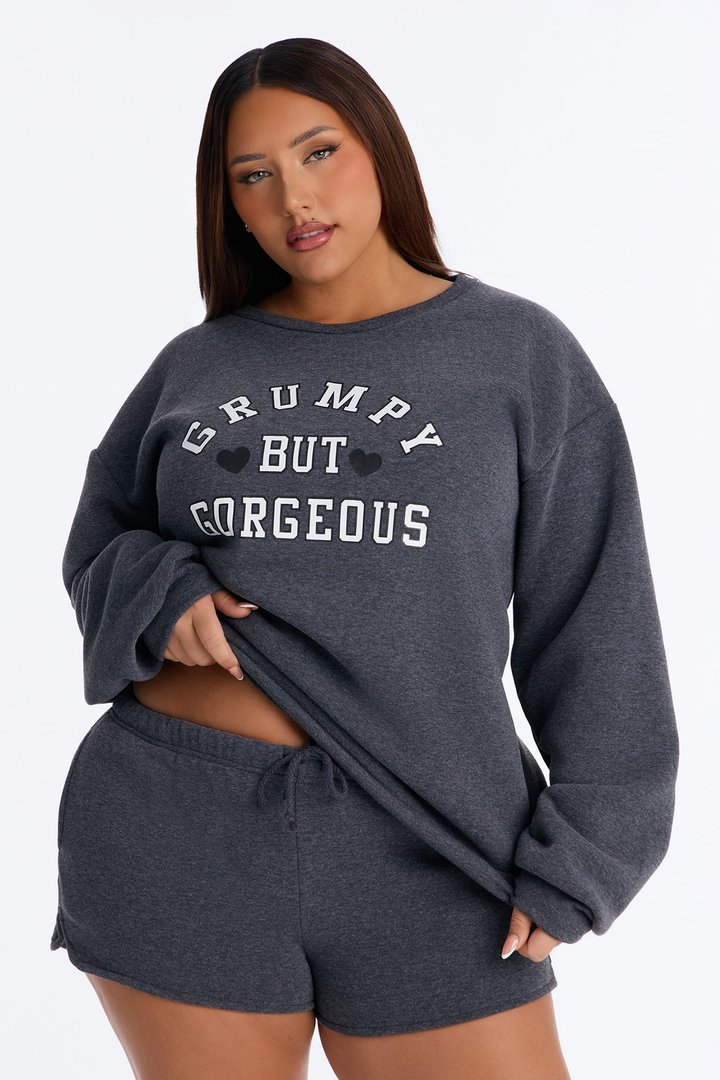 Grumpy But Gorgeous Fleece Sweatshirt PJ Short Set - Grey