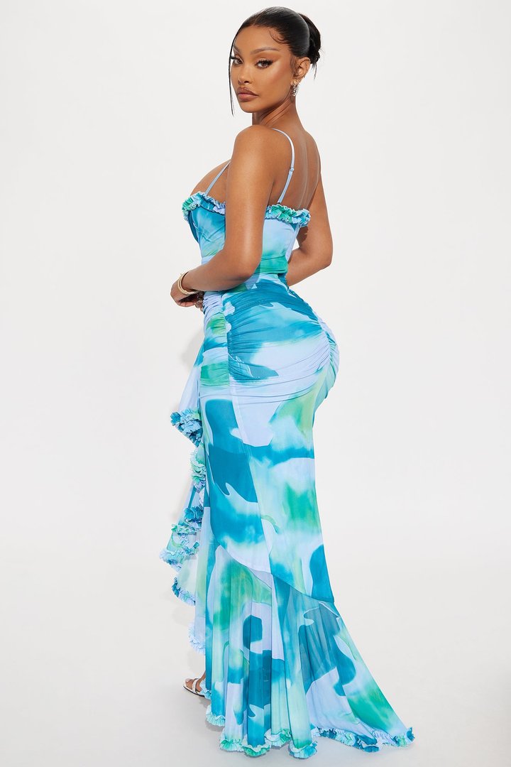 Georgia Ruffle Mesh Maxi Dress - Blue/combo