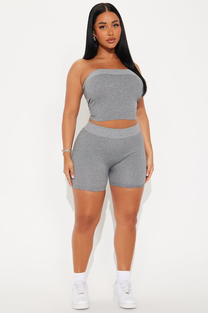Off Duty Seamless Tube Top Biker Short Set - Grey