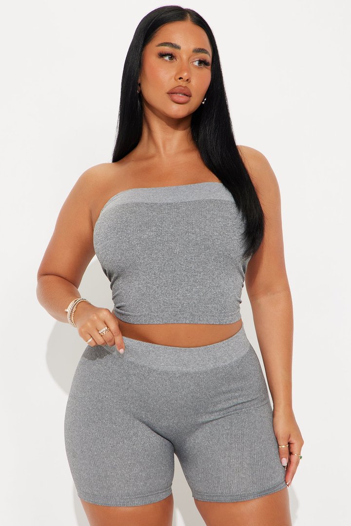 Off Duty Seamless Tube Top Biker Short Set - Grey