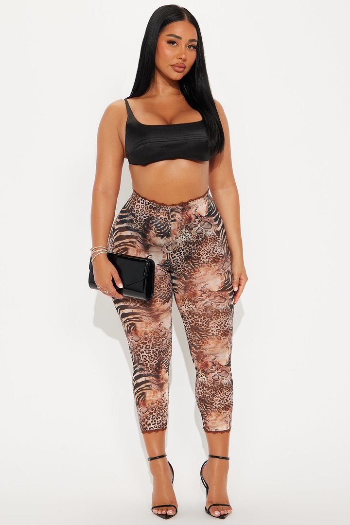 Mila Animal Print Mesh Capri Legging - Brown/combo