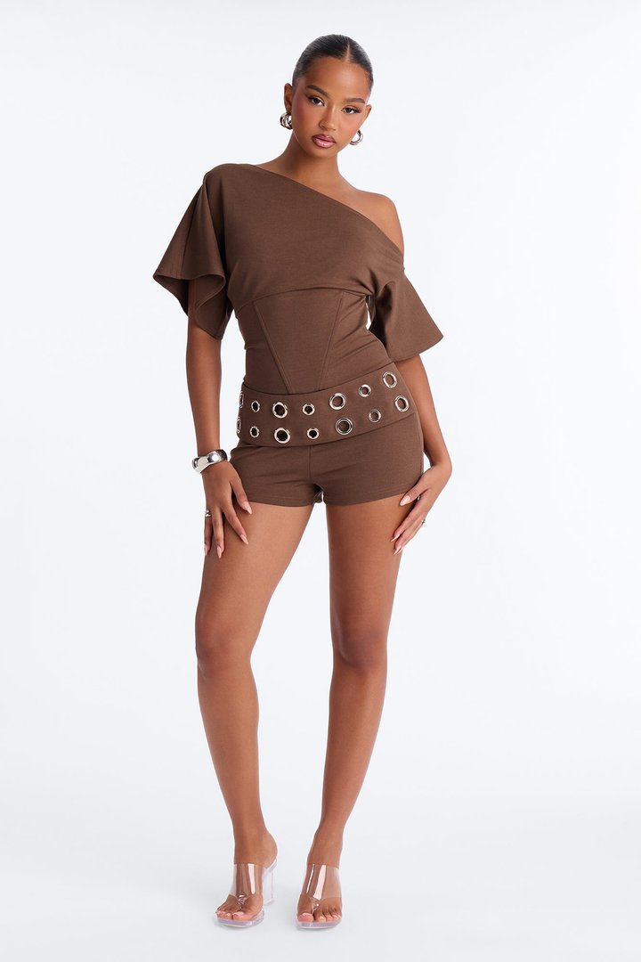 It Girl Coded One Shoulder Belted Romper - Chocolate