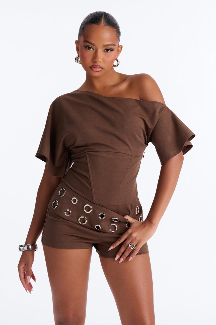 It Girl Coded One Shoulder Belted Romper - Chocolate