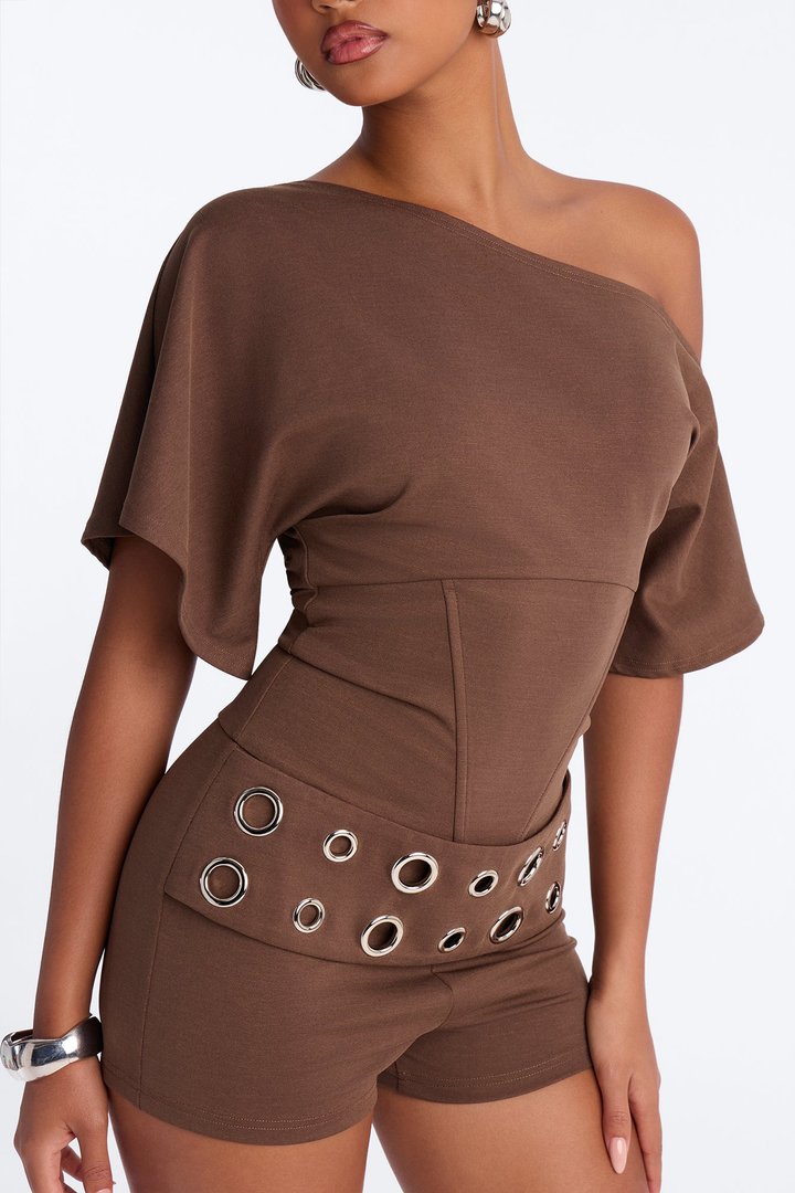 It Girl Coded One Shoulder Belted Romper - Chocolate
