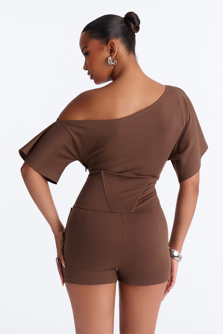 It Girl Coded One Shoulder Belted Romper - Chocolate
