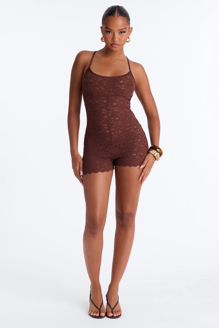 Line Crosser Lace Romper - Chocolate