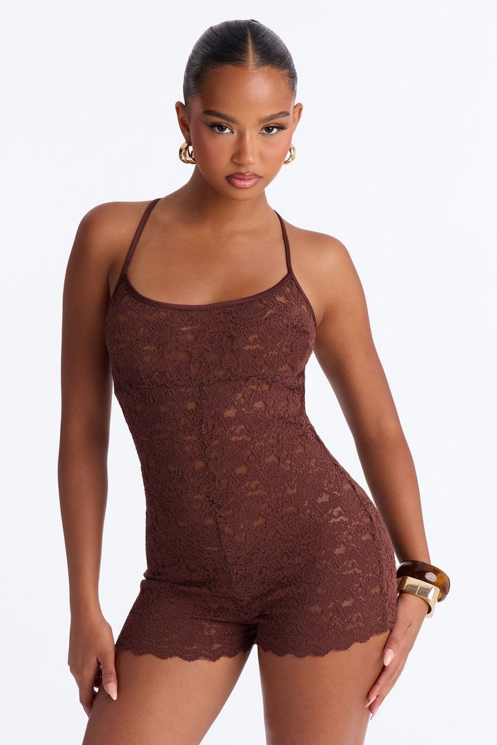 Line Crosser Lace Romper - Chocolate