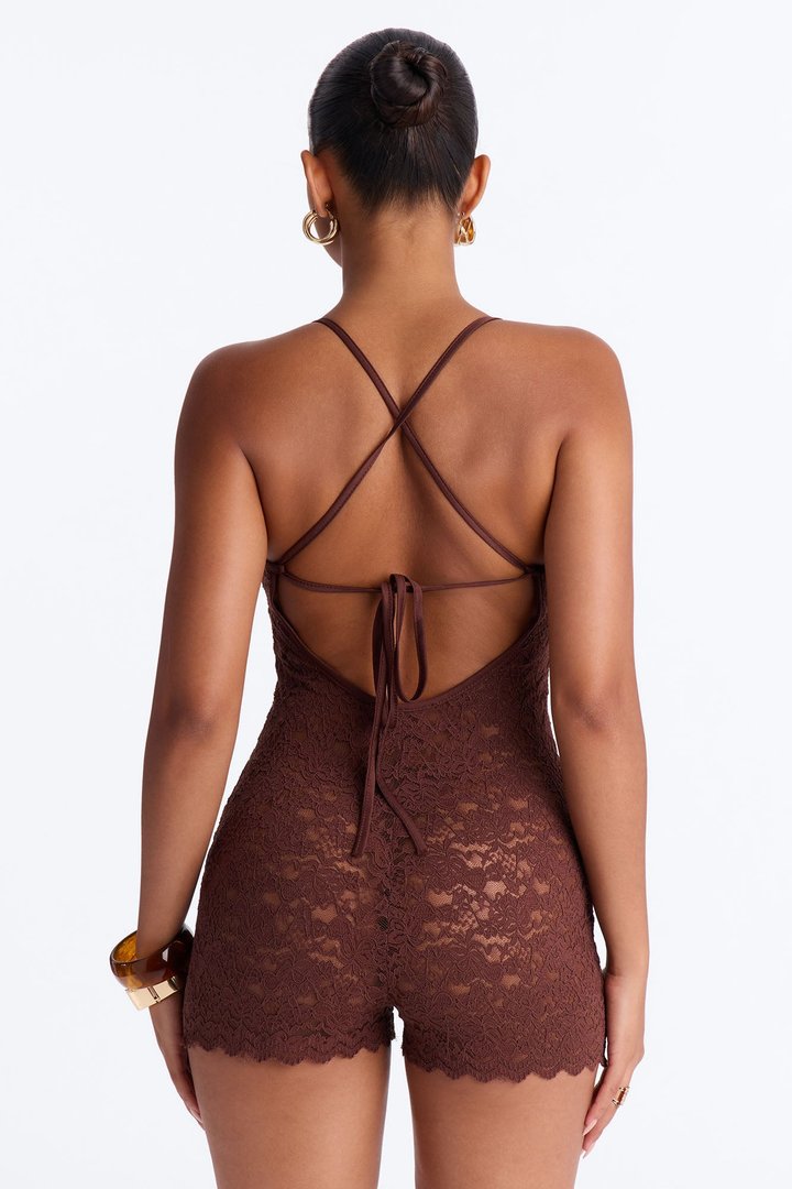 Line Crosser Lace Romper - Chocolate