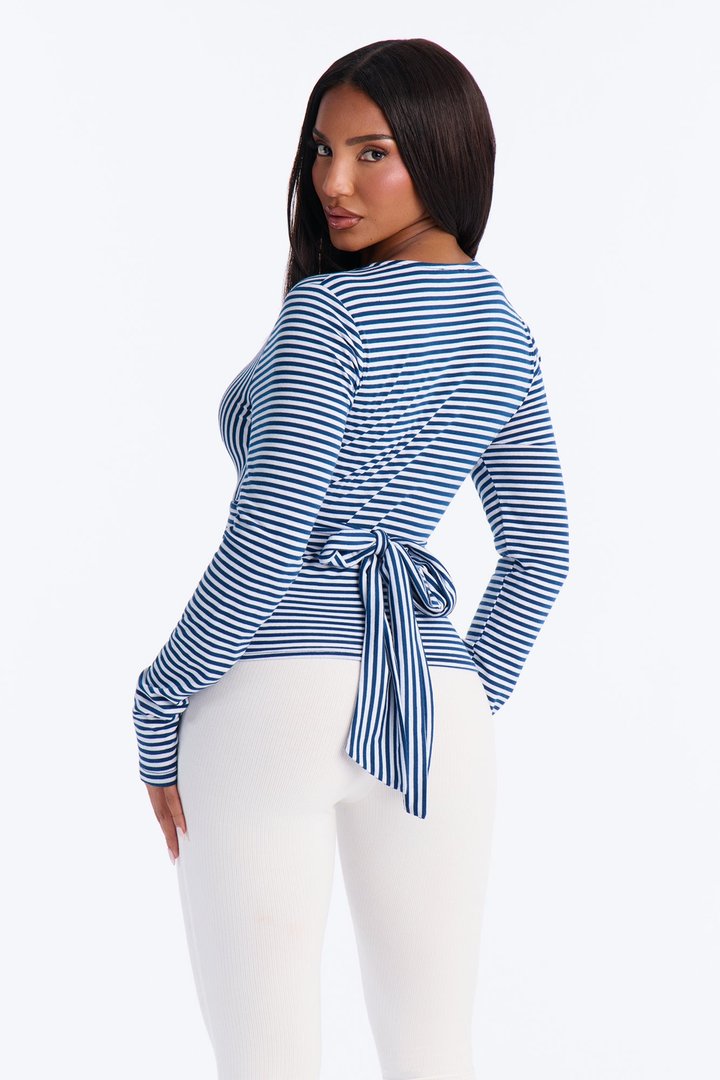 Sydney Striped Tie Back Long Sleeve Top - Navy/combo