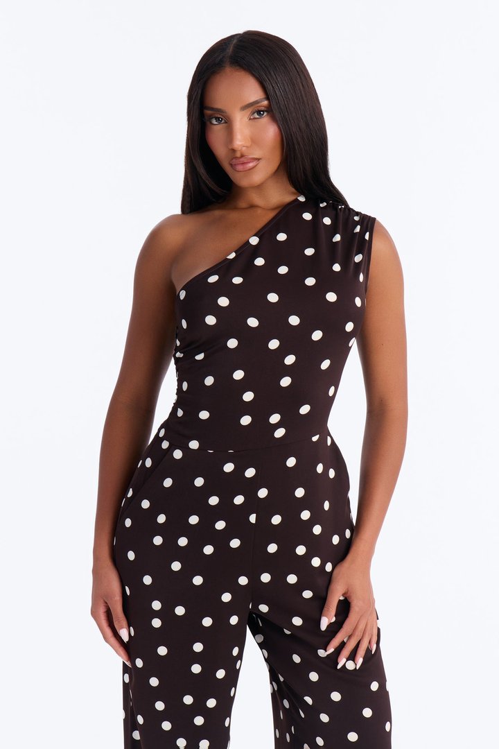 Penni Polka Dot One Shoulder Jumpsuit - Chocolate