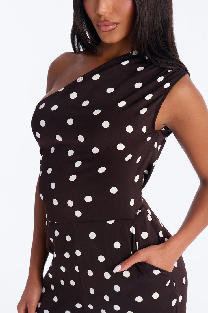 Penni Polka Dot One Shoulder Jumpsuit - Chocolate