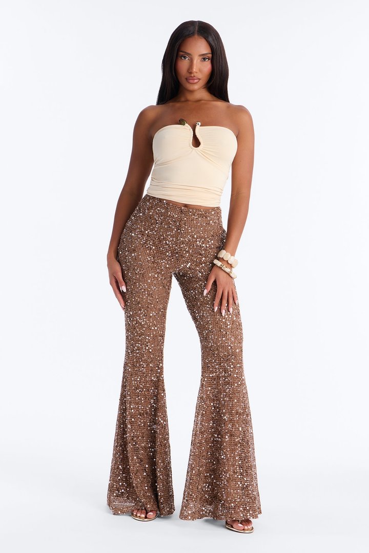 Lyra Low Rise Crochet Sequin Flare Pant - Bronze