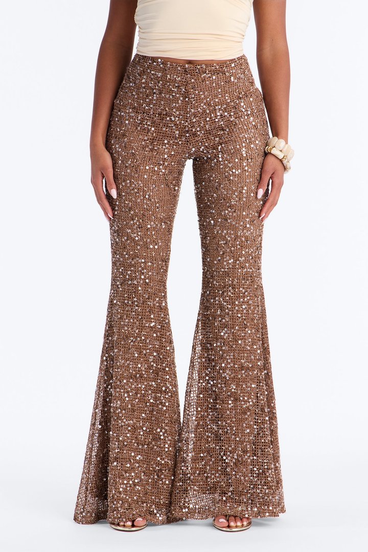 Lyra Low Rise Crochet Sequin Flare Pant - Bronze