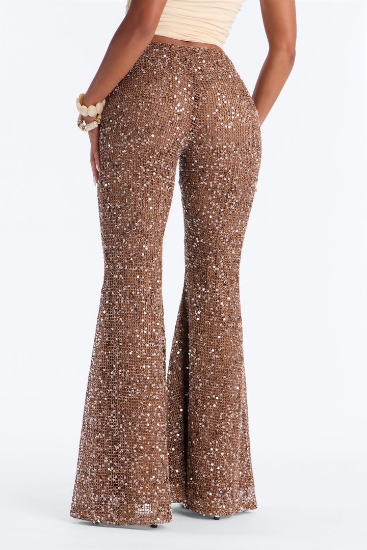 Lyra Low Rise Crochet Sequin Flare Pant - Bronze