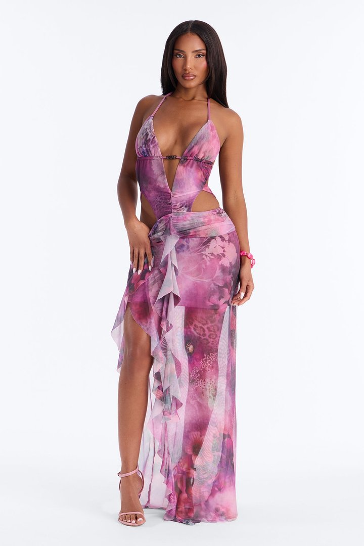 Midnight Behavior Cut Out Mesh Maxi Dress - Purple/combo