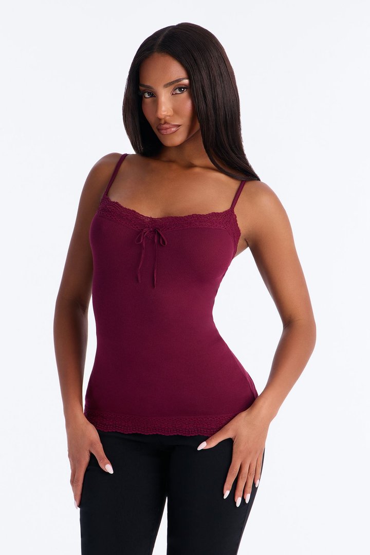 Everyday Lace Trim Cami Top - Burgundy