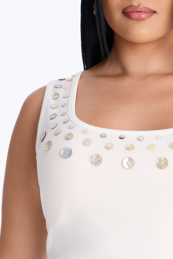 Seashell Island Embellished Ribbed Tank Top - White