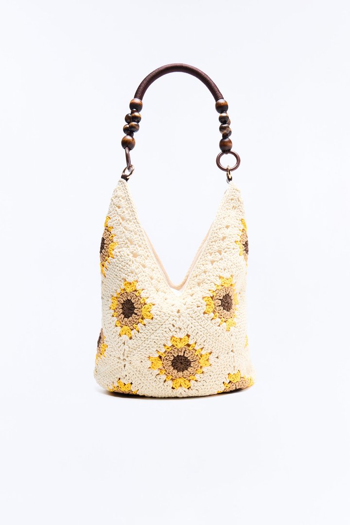 Sunflower Love Crochet Tote Handbag - Ivory/combo