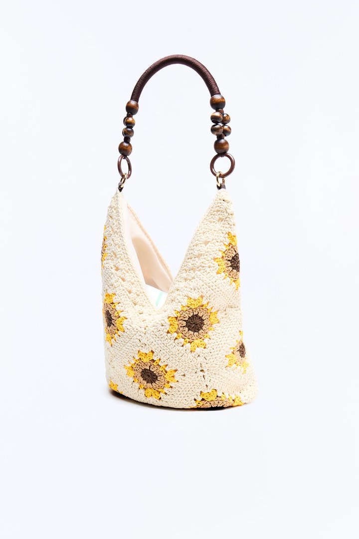 Sunflower Love Crochet Tote Handbag - Ivory/combo