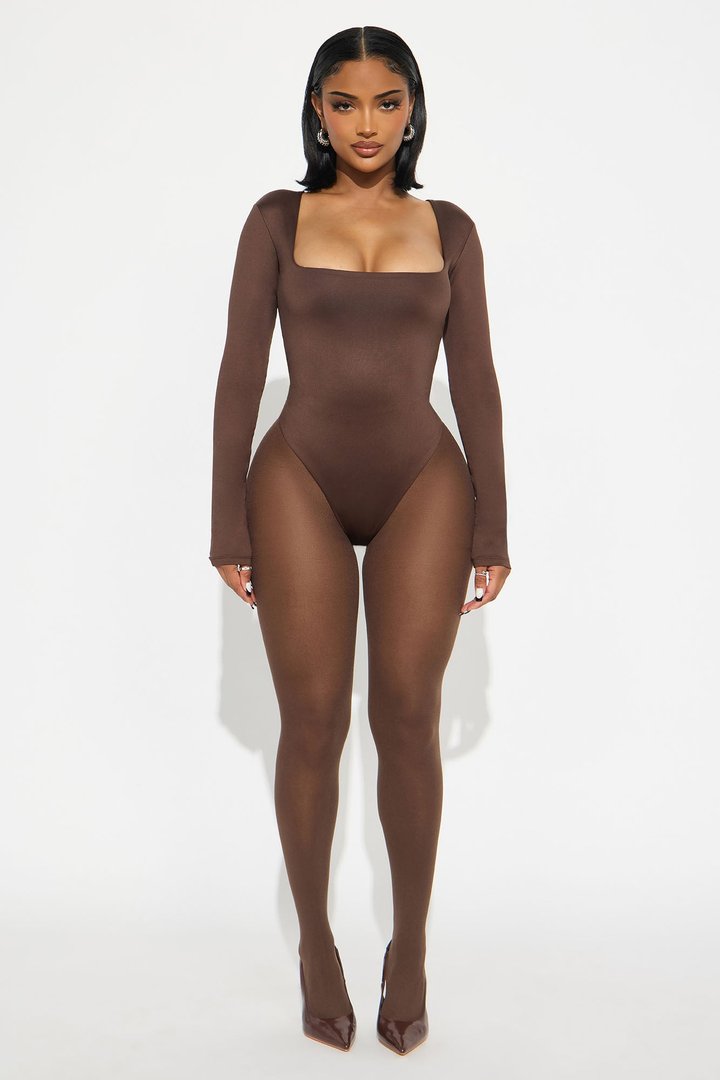 Contour Double Lined Long Sleeve Square Neck Bodysuit - Chocolate