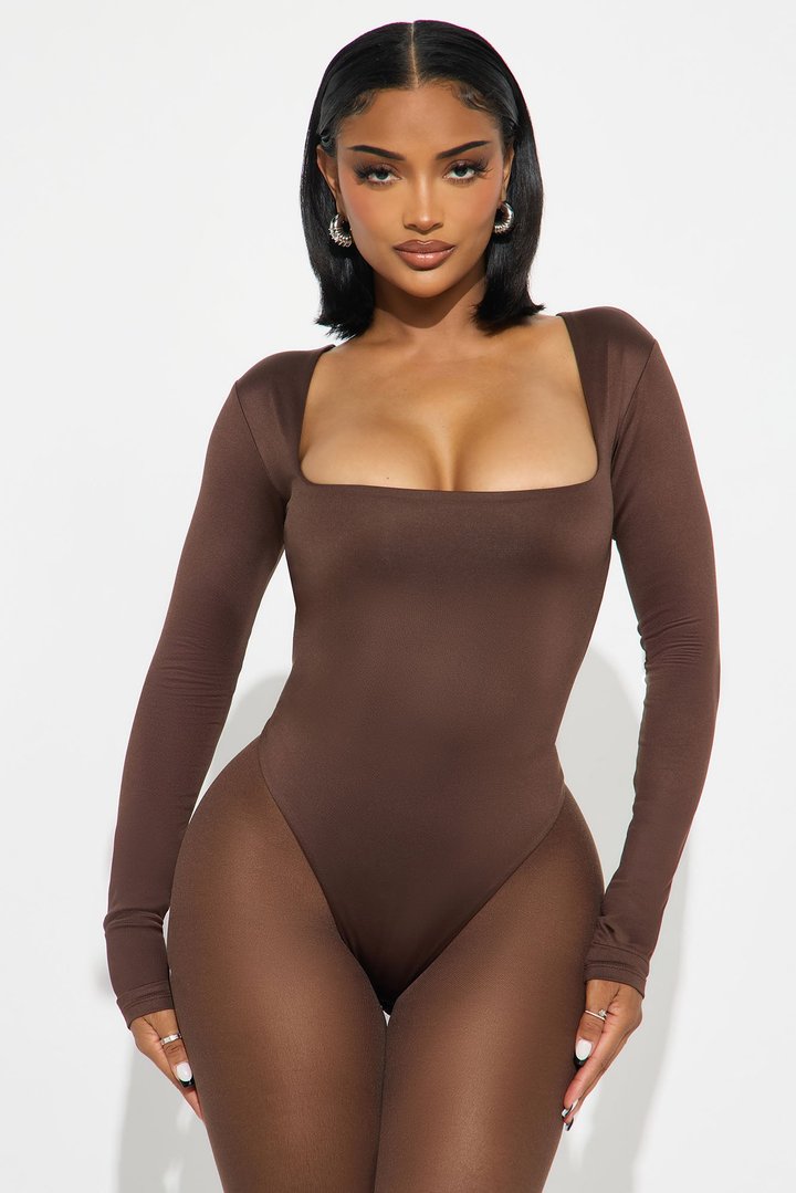 Contour Double Lined Long Sleeve Square Neck Bodysuit - Chocolate