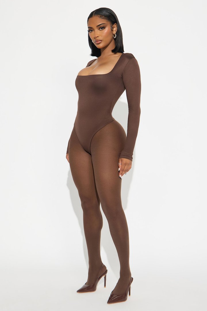 Contour Double Lined Long Sleeve Square Neck Bodysuit - Chocolate
