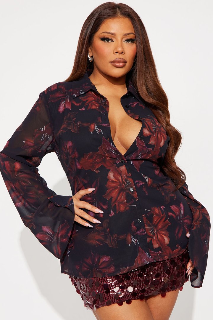 Hailey Floral Chiffon Shirt - Black/Red