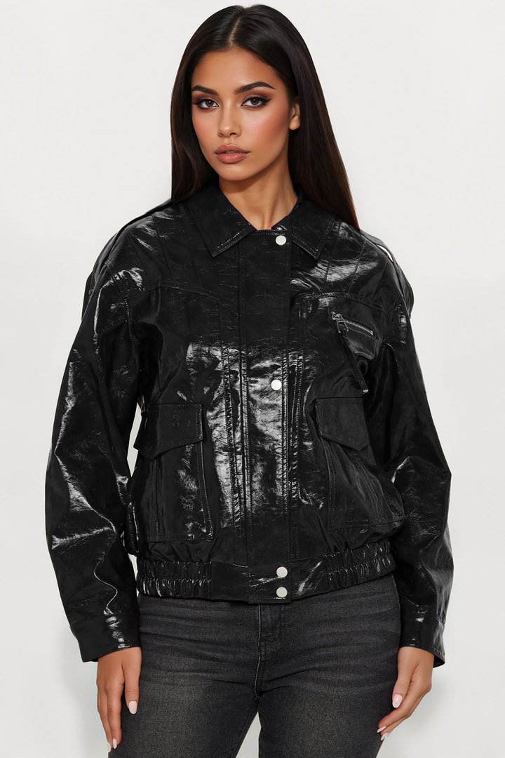 Follow My Lead Faux Leather Oversized Bomber Jacket - Black