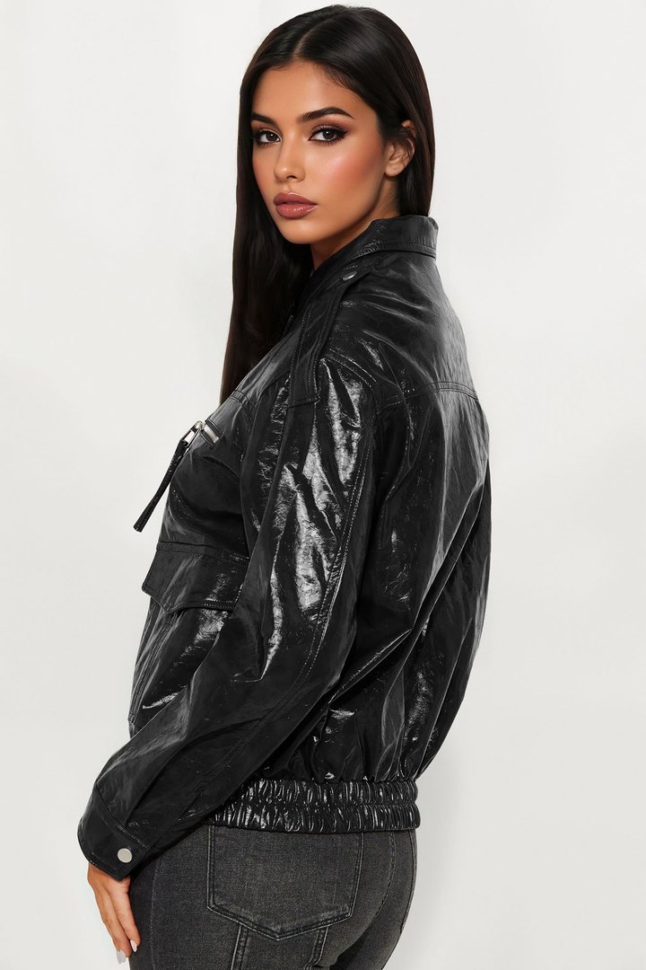 Follow My Lead Faux Leather Oversized Bomber Jacket - Black