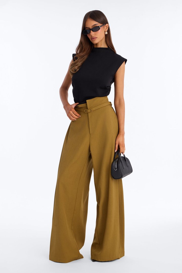 Amaia Asymmetrical Waist Belted Pleated Trouser - Olive