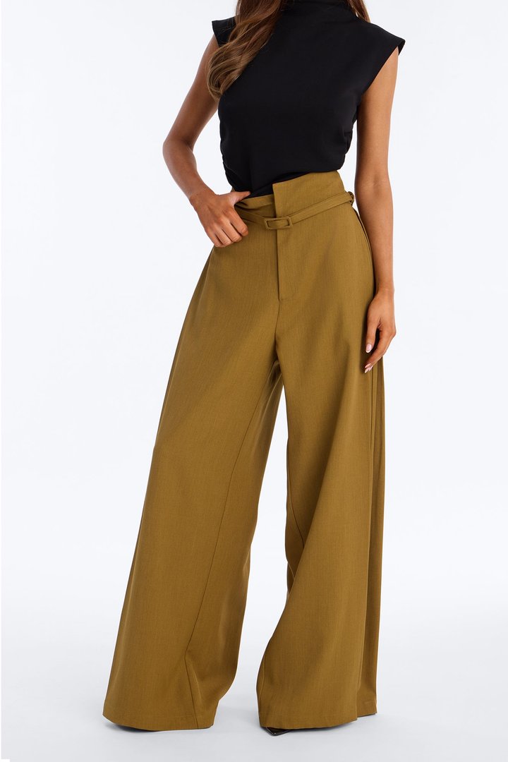 Amaia Asymmetrical Waist Belted Pleated Trouser - Olive