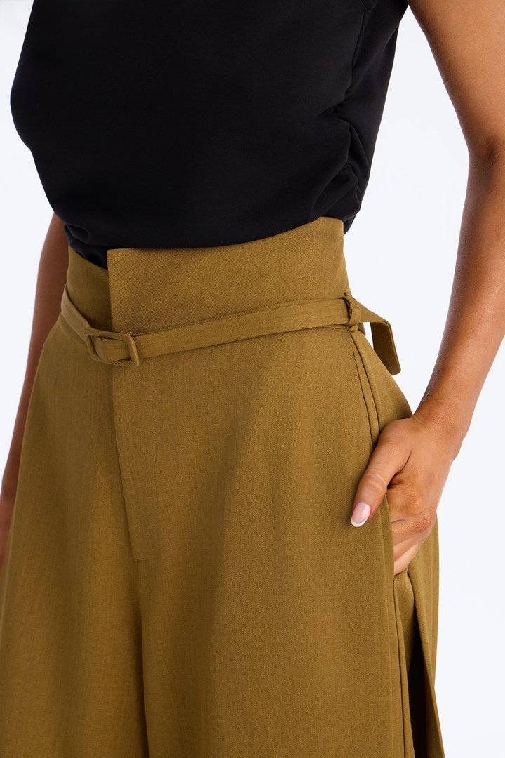 Amaia Asymmetrical Waist Belted Pleated Trouser - Olive