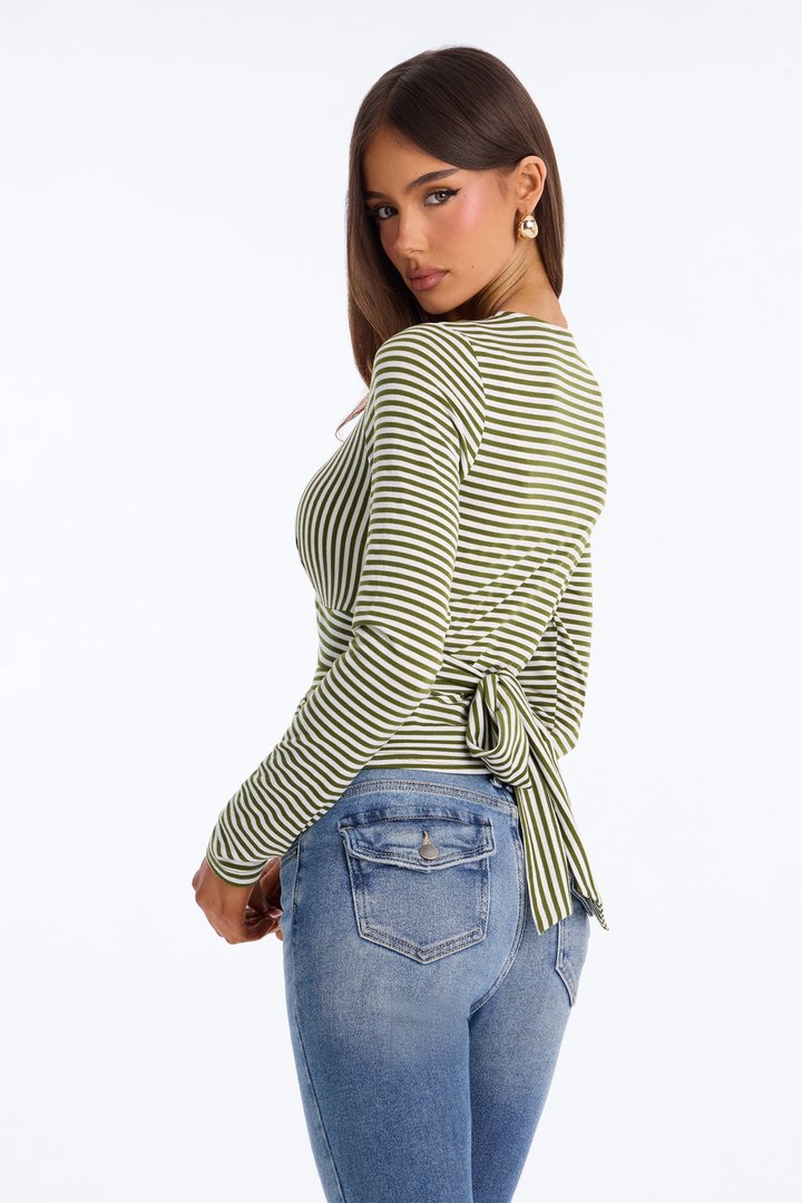 Sydney Striped Tie Back Long Sleeve Top - Olive/combo