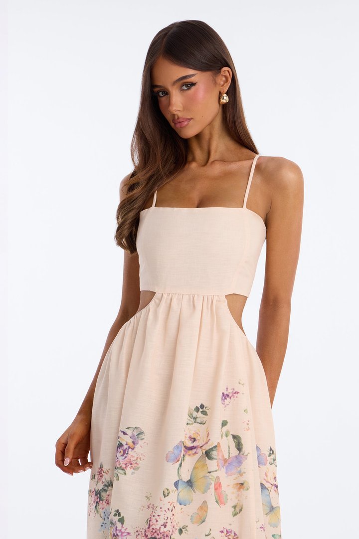 Be Mine Cut Out Linen Maxi Dress - Cream/combo