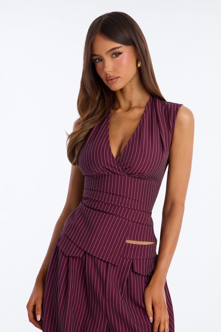 Locked In Pinstripe Pant Set - Wine