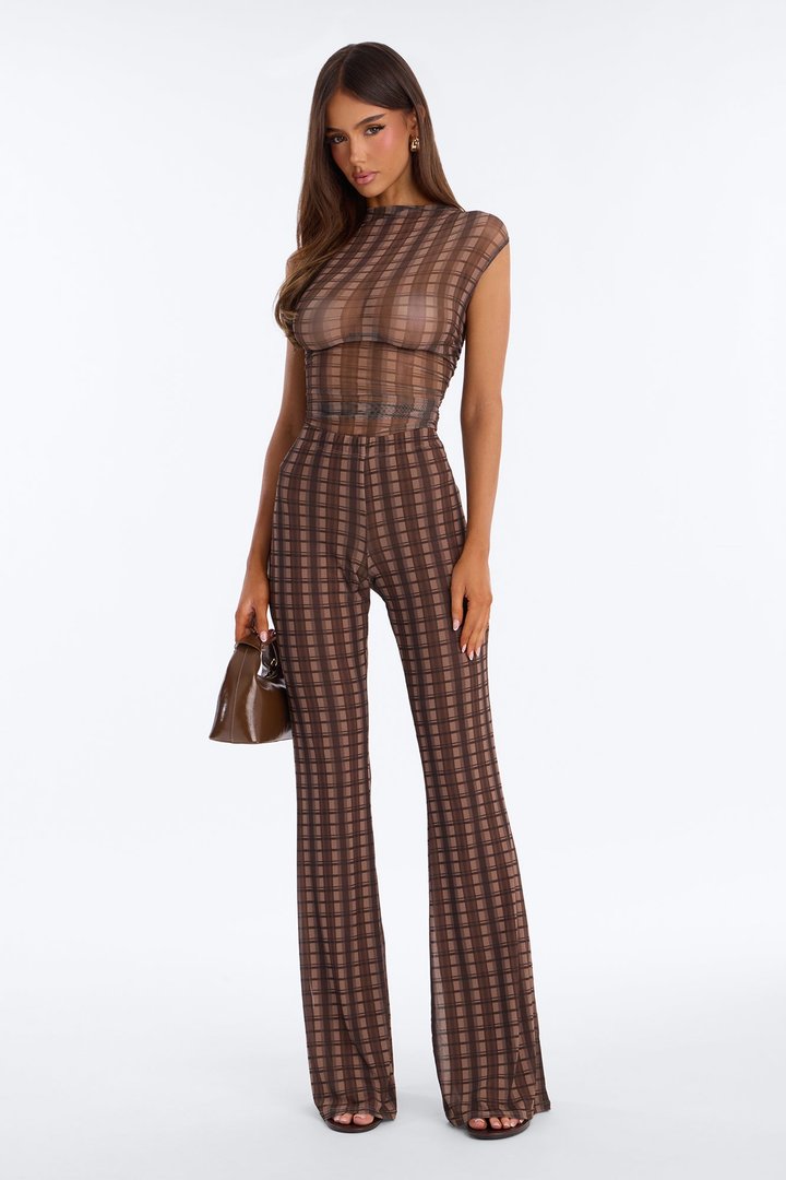 Never Sad In Plaid Mesh Pant Set - Brown/combo
